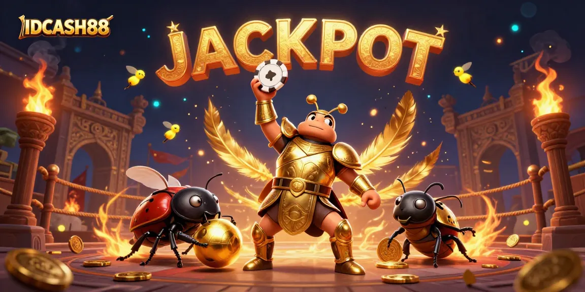 Play slots with big wins at IDCASH88 as a cartoon hercules beetle triumphs in a vibrant casino scene.