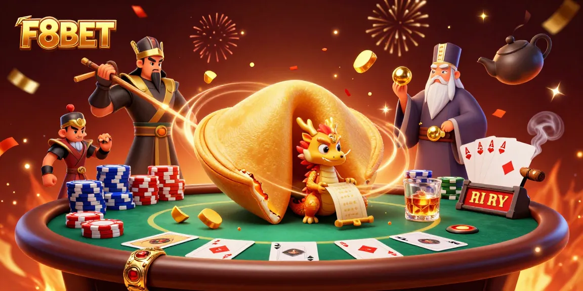 Engage with F8BET's vibrant casino scene featuring a fortune cookie, wise dragon, and poker elements.