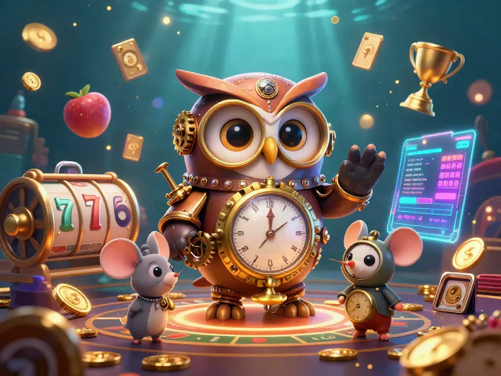 Experience thrilling slots at LUCUBET with whimsical characters and vibrant casino elements in a dynamic digital illustration.