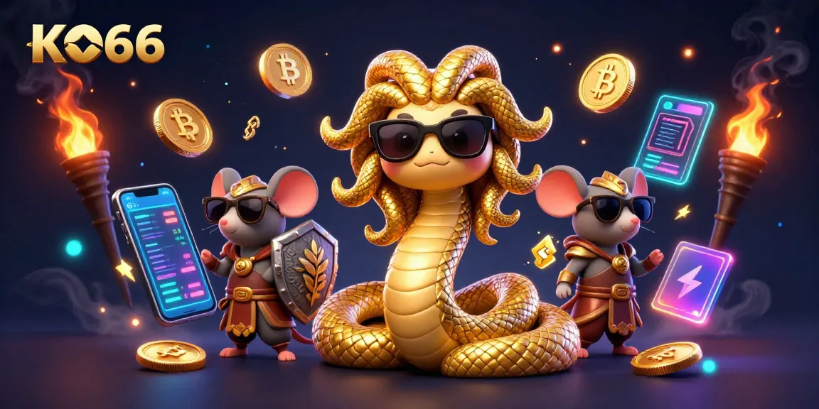 Spin the reels at KO66 Casino, featuring vibrant characters amidst crypto elements and casino symbols.