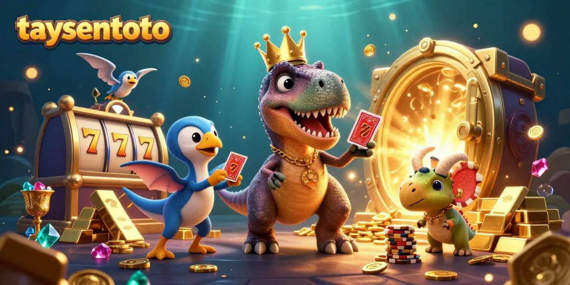 TAYSENTOTO menawarkan suasana permainan slot dengan karakter kartun dinosaurus di tengah tumpukan chip emas yang bersinar.