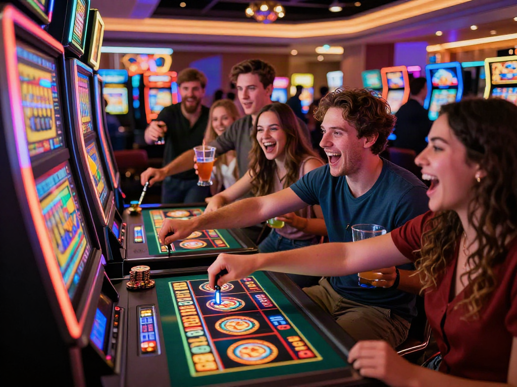 Pengalaman agen slot online yang seru, teman-teman bersorak di kasino.