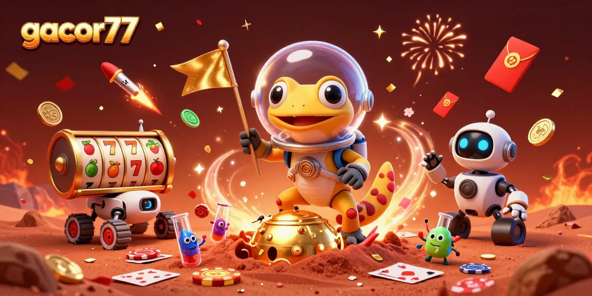 Gacor77 merayakan kemenangan di kasino dengan gecko Mars dan robot, dimainkan dengan simbol slot.