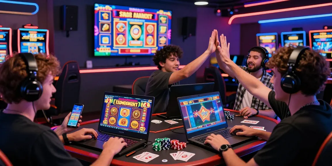 Exciting atmosphere of players enjoying slot gacor games in a modern gaming lounge.