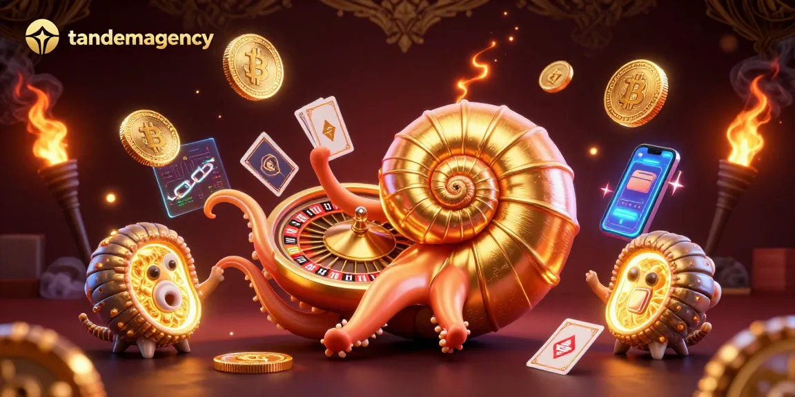 Tandemagency promotes innovative online gaming with a 3D nautilus roulette in a vibrant casino scene.