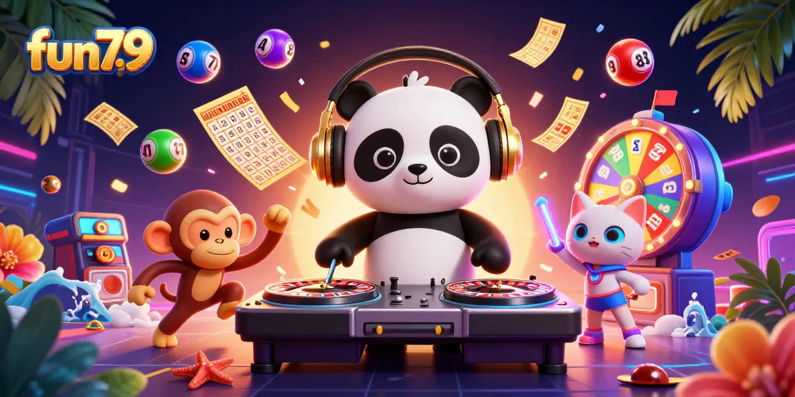 Experience fun79 with a vibrant 3D casino scene featuring colorful lottery balls and dynamic characters.