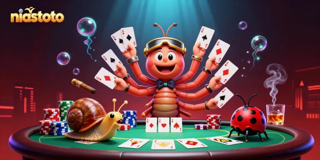 Gamer niastoto merayakan kemenangan di meja poker megah dengan cerita menarik.