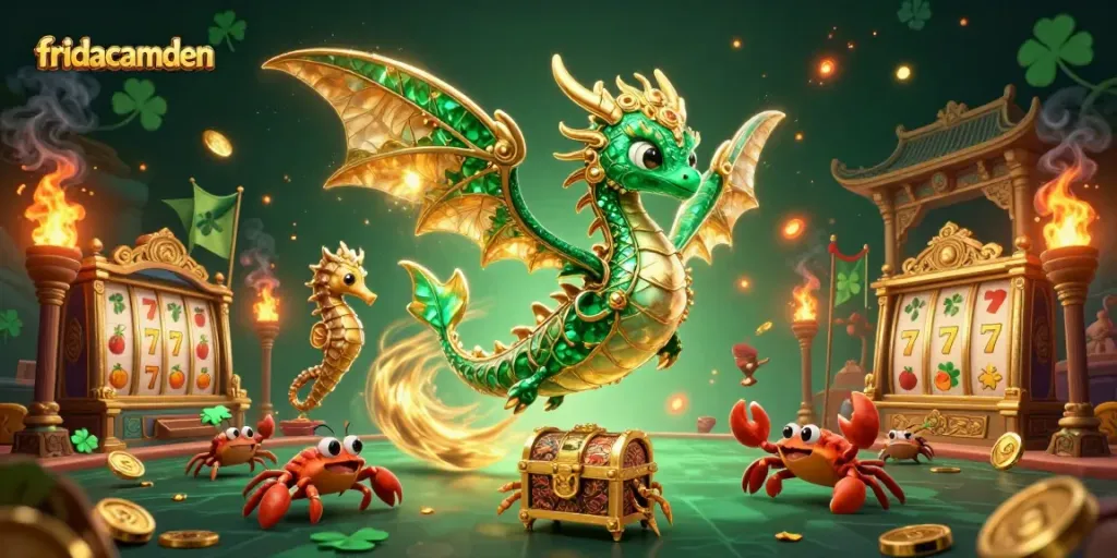 Bet on fridacamden and experience the thrill of slot reels amidst emerald dragon's treasure.