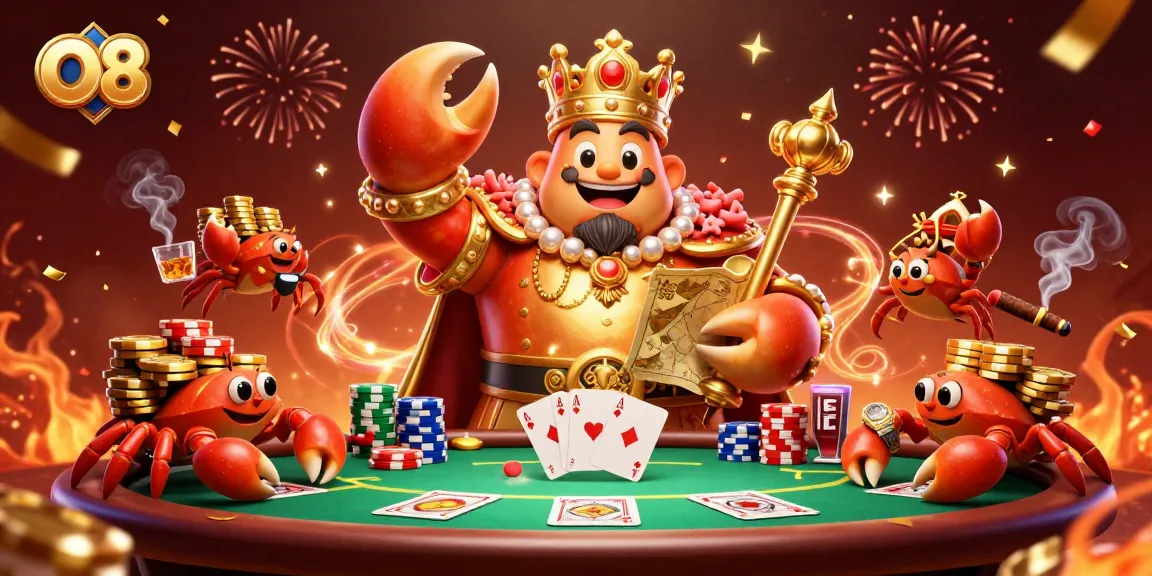 Join the exciting world of O8, showcasing a golden crab emperor ruling a vibrant casino scene.