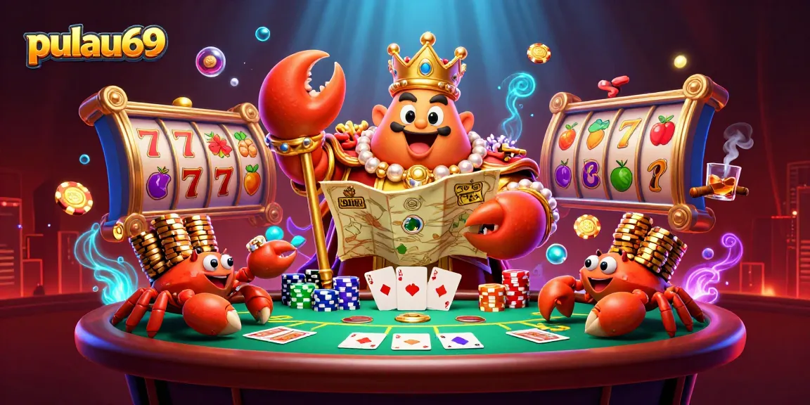 Pulau69 showcases a vibrant scene with a golden crab emperor amid flashy slot reels and poker elements.