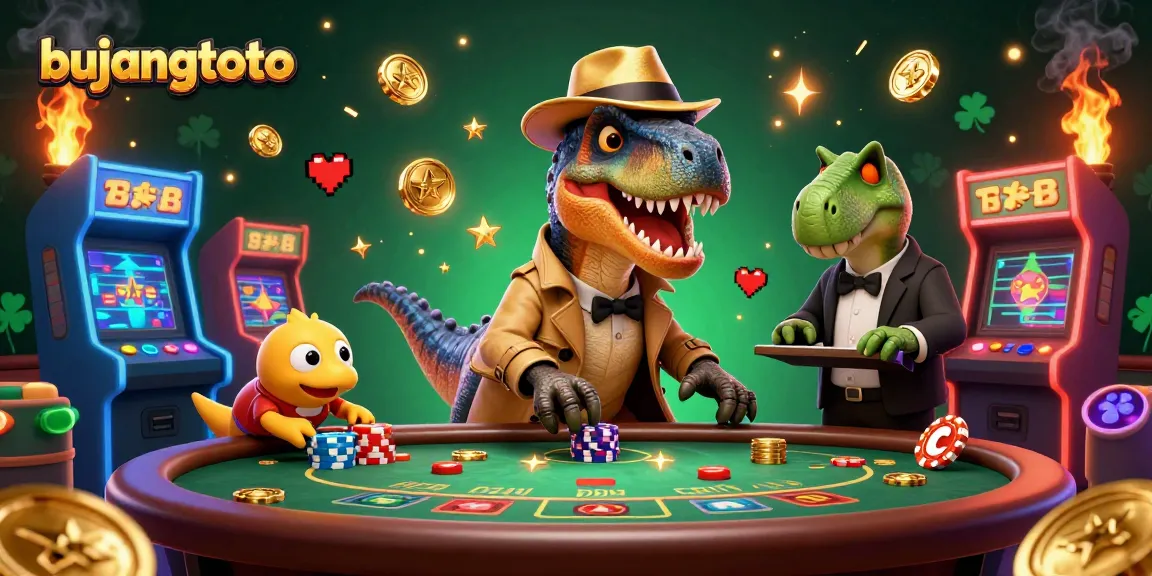 Bujangtoto menghadirkan suasana kasino dengan karakter kartun dinosaur yang unik dan menarik.