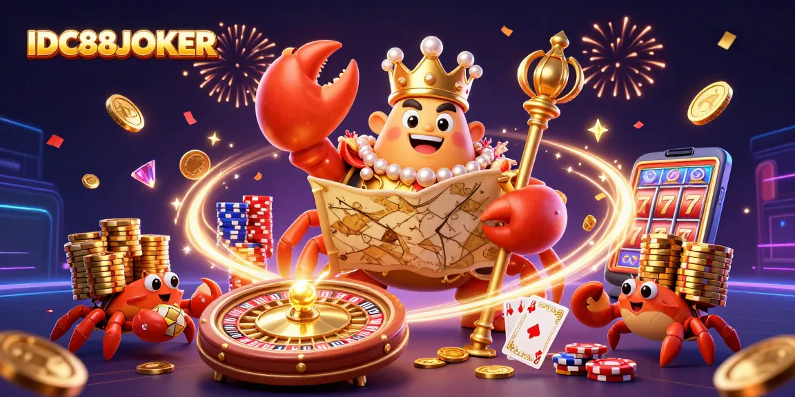 Engage in thrilling gameplay with IDC88JOKER, featuring a golden crab emperor and casino elements.
