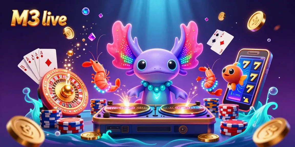 M3 live showcases an electrifying underwater casino party featuring a lively axolotl DJ spinning records, creating vibrant winning energy.
