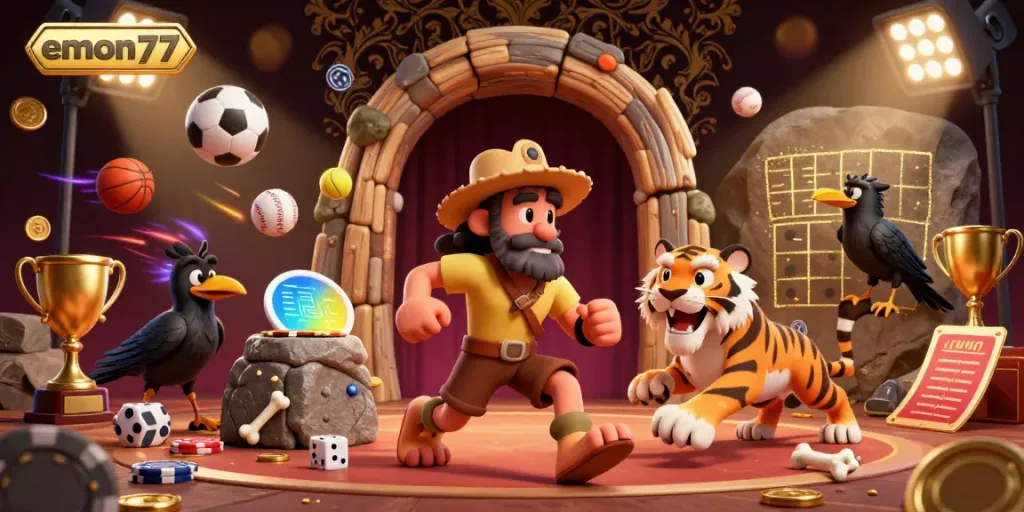 Join the excitement at emon77 casino, featuring a lively scene with 3D cartoon characters, sports elements, and vibrant golden effects.