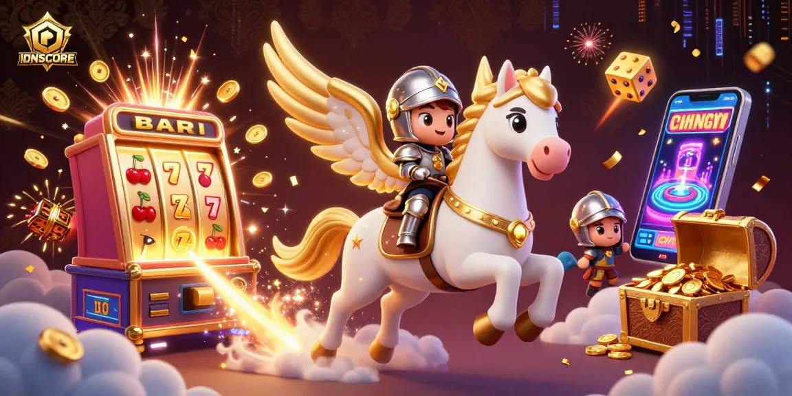 IDNSCORE showcases thrilling jackpot slots amid a mystical horse and knight adventure.