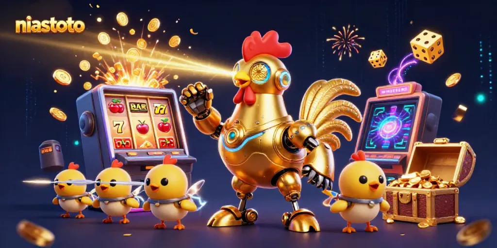 Menangkan jackpot dengan niastoto dalam ilustrasi kasino futuristik yang kaya warna.