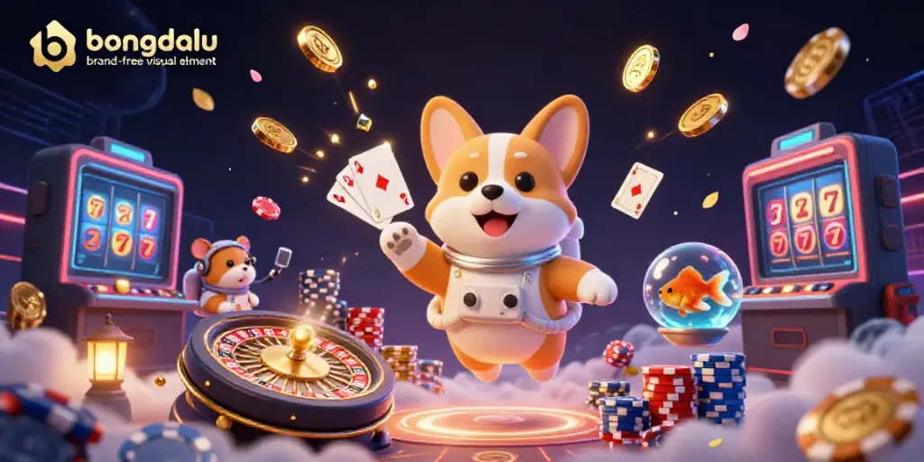 Experience the excitement of the Bongdalu logo in a vibrant casino scene featuring a playful astronaut corgi and floating poker elements.