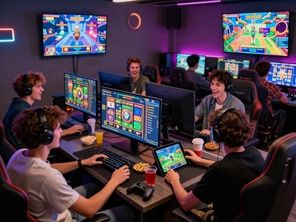 Group enjoying bro138 slot login in a vibrant gaming lounge environment with high-tech consoles and colorful LED lights.
