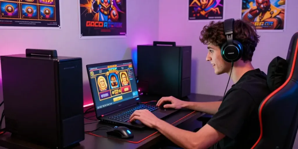 Player enjoying slot gacor games with gaming setup and colorful lights.