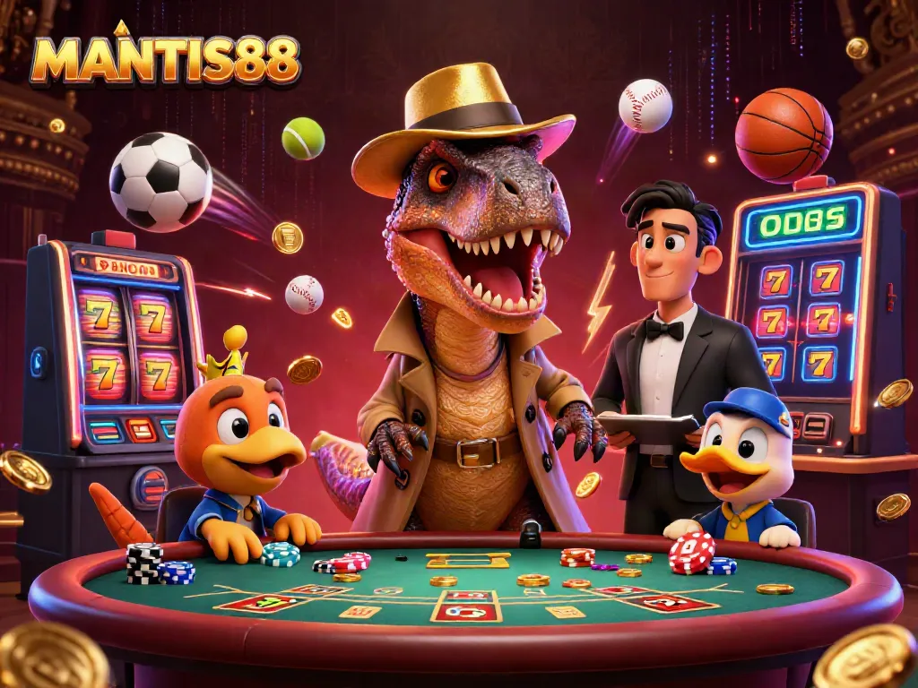 MANTIS88 showcases a cartoon velociraptor attempting to blend in at a blackjack table.