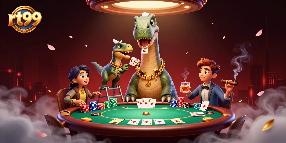 Experience thrilling games at rt99 with a whimsical scene of dinosaur-themed poker action.