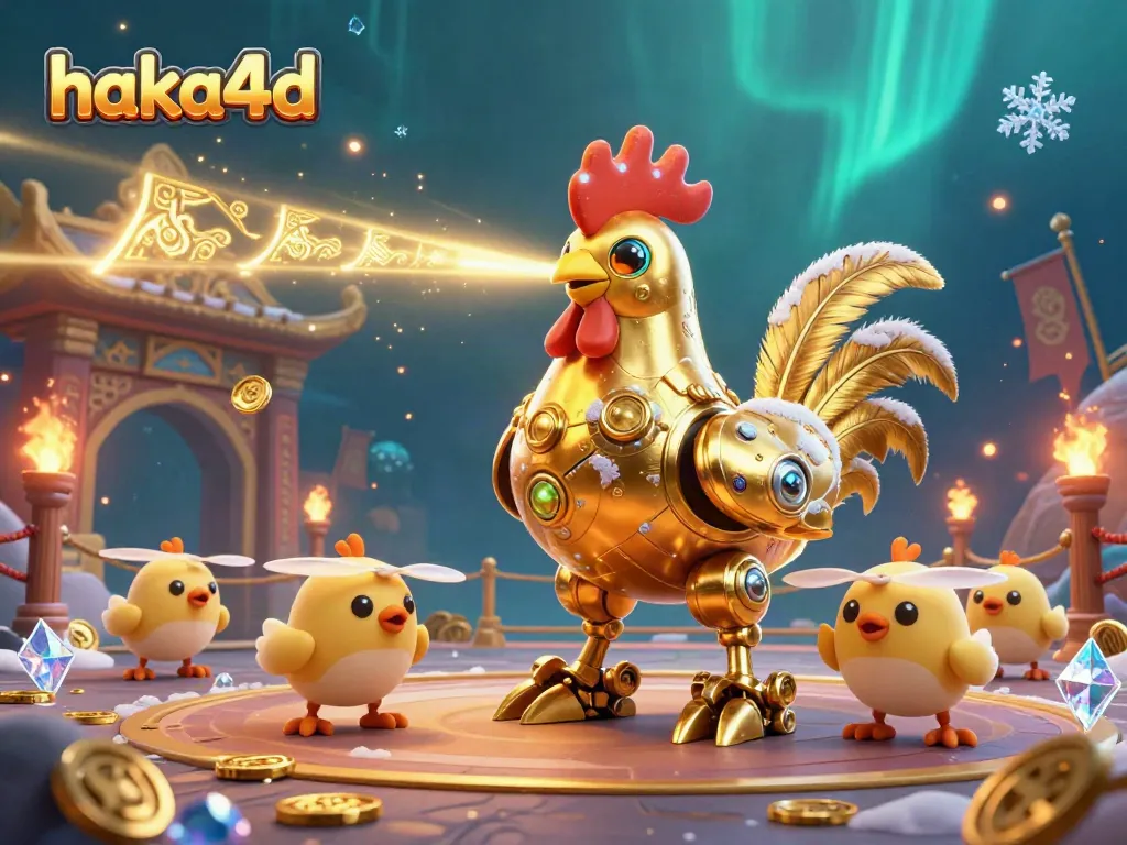 Engage with haka4d's thrilling casino experience featuring vibrant golden rooster robot surrounded by dynamic elements.