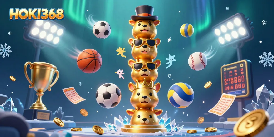 Experience HOKI368's thrilling gaming with an ultra-detailed illustration of a totem pole, sports elements, and casino excitement.