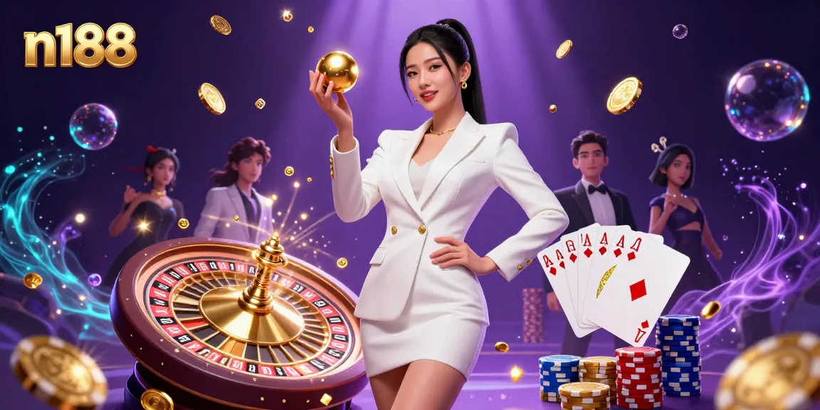 Experience thrilling gameplay at n188 featuring a stunning Asian woman holding a roulette ball in a vibrant casino setting.