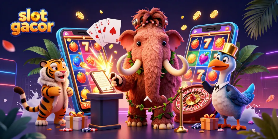 Slot gacor mengungkapkan permainan slot dengan mammoth kasir, harimau VIP, dan burung dodo di lingkungan kasino yang dinamis.