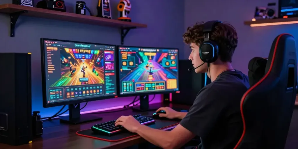 Engaging scene of a player exploring Seributoto's online gaming interface, showcasing vibrant visuals and gaming accessories in a dynamic setting.
