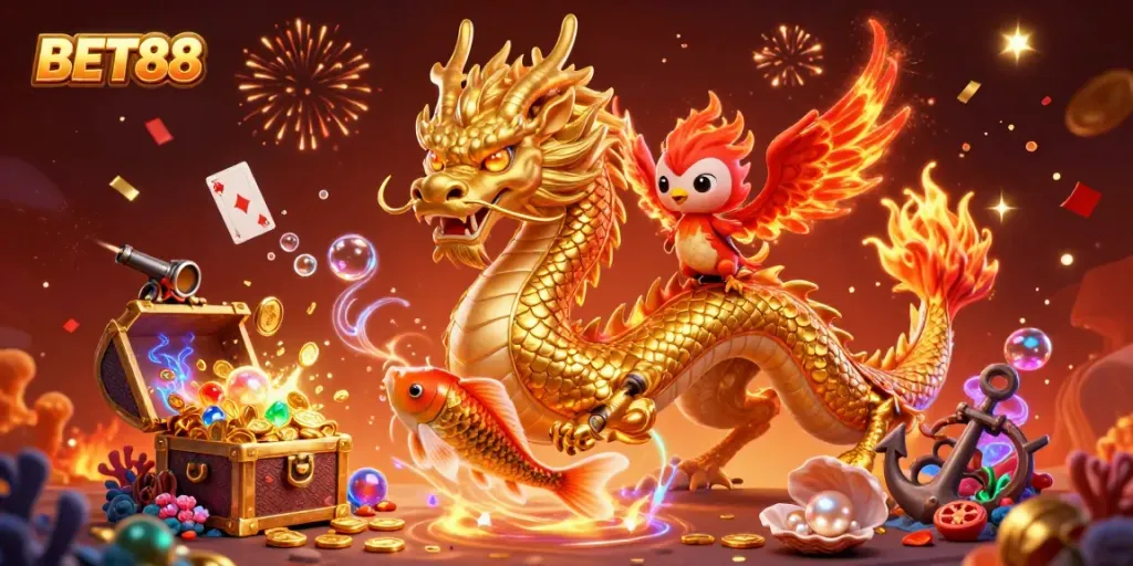 Experience the thrill of BET88 with a majestic dragon, phoenix, and koi fish amid treasures and games.