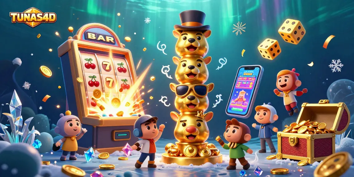 TUNAS4D showcases an exciting 3D casino scene with vibrant slot machines and lively characters, celebrating thrilling gameplay.