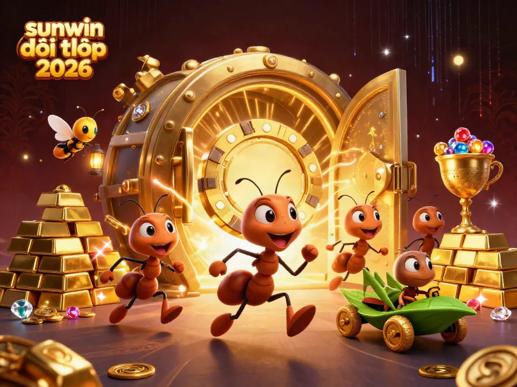 Capture the excitement of sunwin đổi thưởng 2026 with ants stealing a golden poker chip in this dynamic 3D scene.