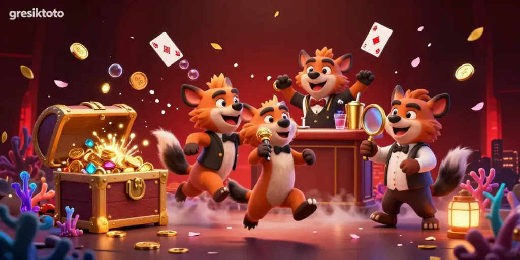 Watch the comic hyenas bring laughter to gresiktoto's vibrant casino scene filled with treasures.