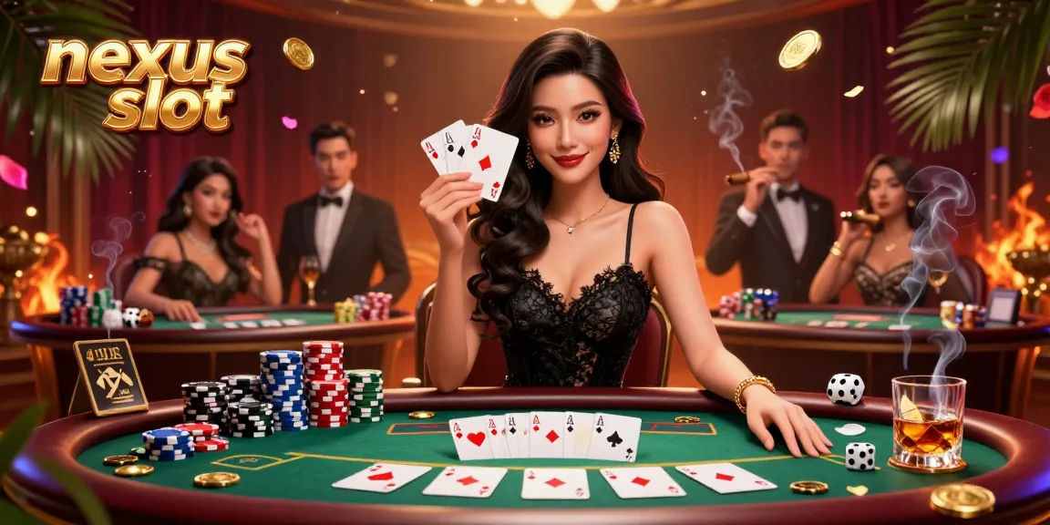 Experience the thrill of nexus slot with an elegantly depicted Asian woman delighting in a high-stakes casino scene.