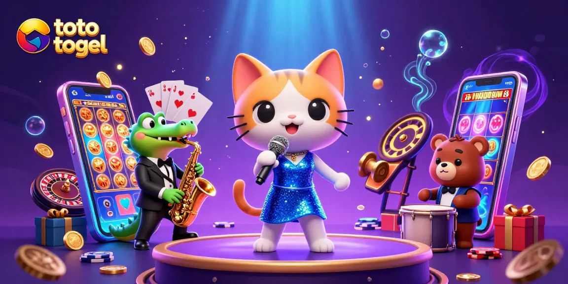 Play exciting toto togel with entertaining characters in a vibrant casino scene filled with games and action.