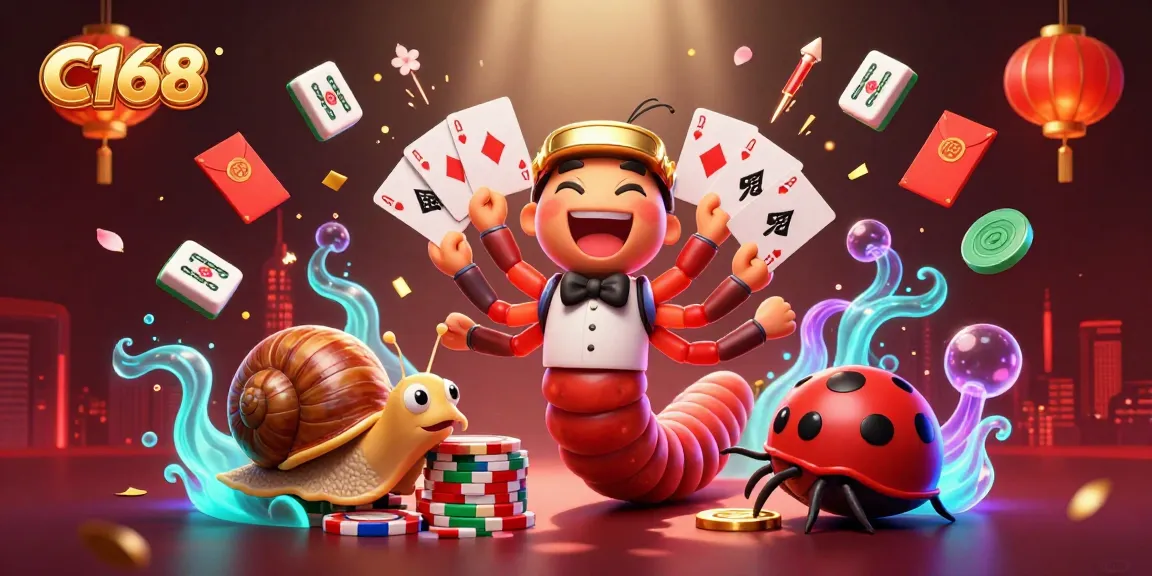 C168 showcases a vibrant 3D casino scene with a millipede dealer, snail high-roller, and a pill bug, highlighting diverse gaming elements.