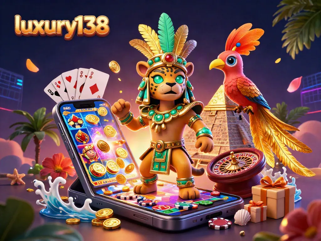 luxury138 engages players in a vibrant 3D casino scene with colorful slots, golden coins, and dynamic game elements