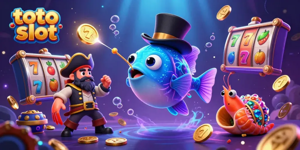 Permainan toto slot di mana ikan pemancing dalam topi mengundang koin emas di latar bawah laut.
