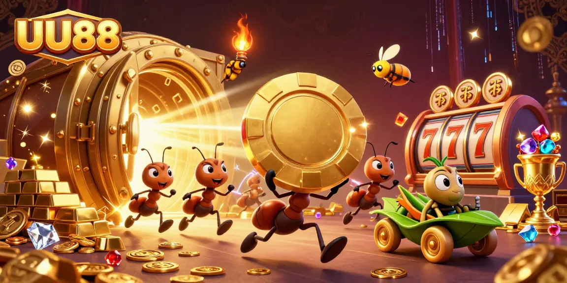 Engage in thrilling gambling with UU88 as cartoon ants carry a giant poker chip, surrounded by treasures.
