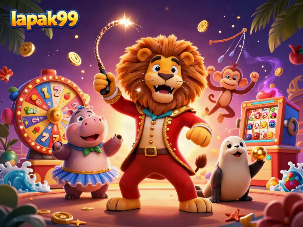 Experience the thrill of lapak99 in a vibrant casino scene featuring a lion ringmaster and dynamic gaming elements.