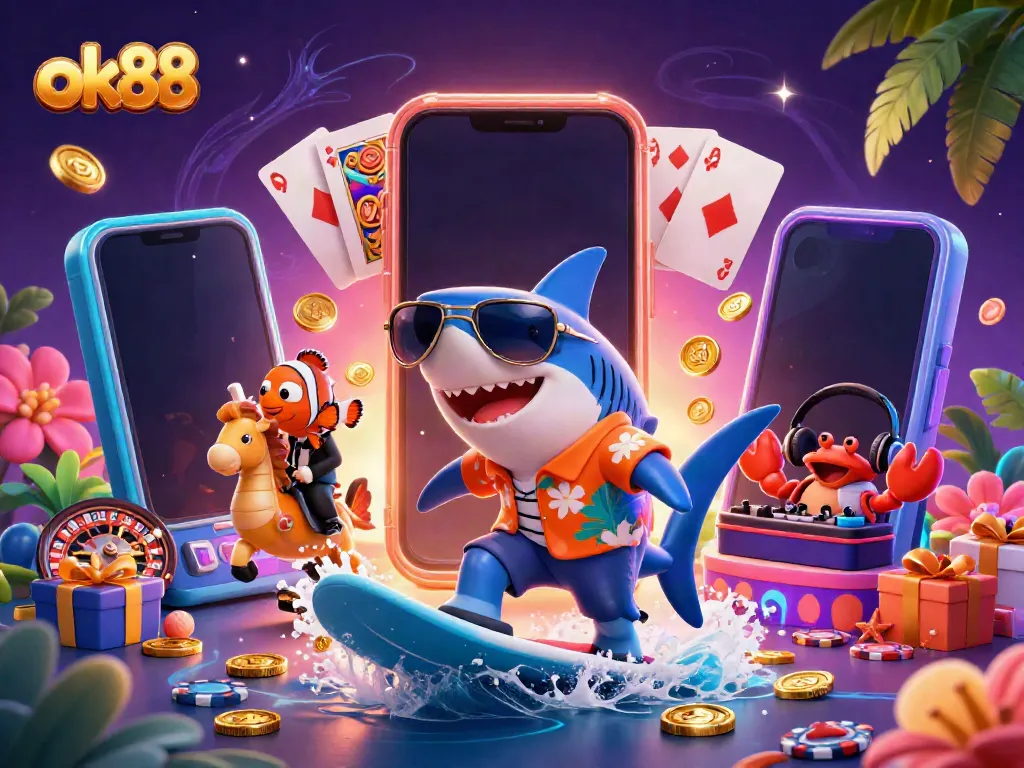 Experience the thrill at ok88 with a vibrant 3D cartoon scene depicting a shark and friends amidst casino excitement.