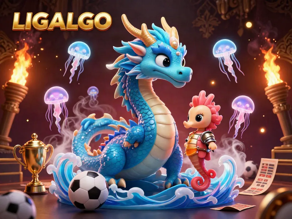 Engage in sports betting with LIGALGO's vibrant dragon-themed illustration featuring betting slips and a trophy.