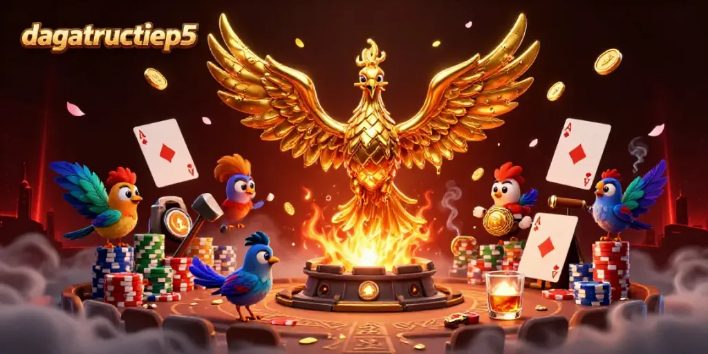 Experience the vibrant gambling scene at dagatructiep5 with a golden phoenix and lively elements in action.