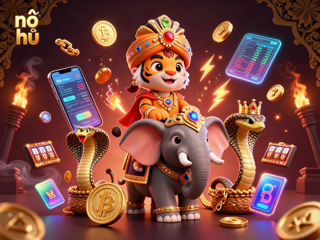 Nổ hũ players enjoying a jackpot atmosphere with 3D characters and vibrant casino elements