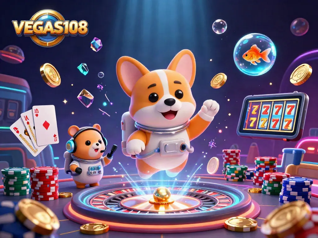 VEGAS108 menawarkan pengalaman bermain kasino luar angkasa dengan karakter lucu seperti anjing astronaut dan hamster dalam ilustrasi 3D.