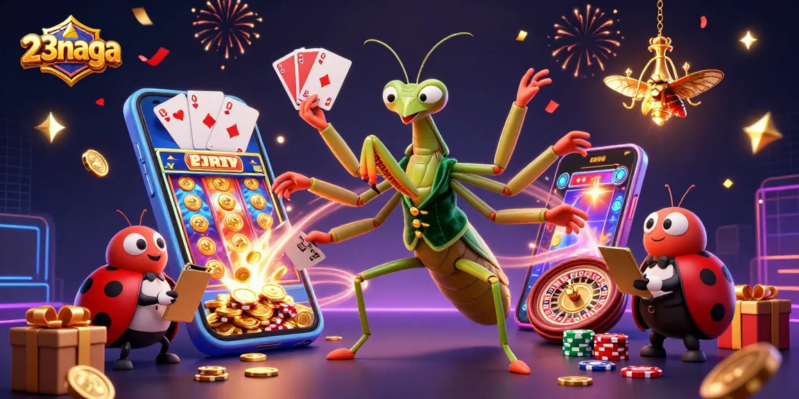 23naga menampilkan mantis besar dan ladybug sebagai pengelola kasino yang merayakan kemenangan.