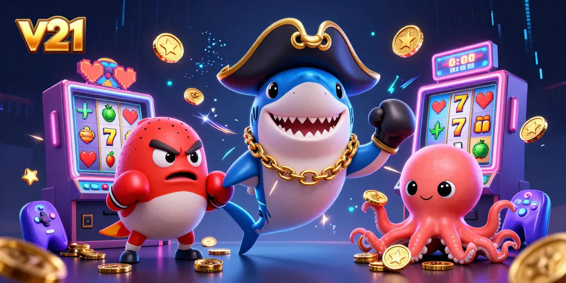 Visualisasi permainan slot v21 dengan hiu kartun, ikan puff merah, dan bayi cumi.