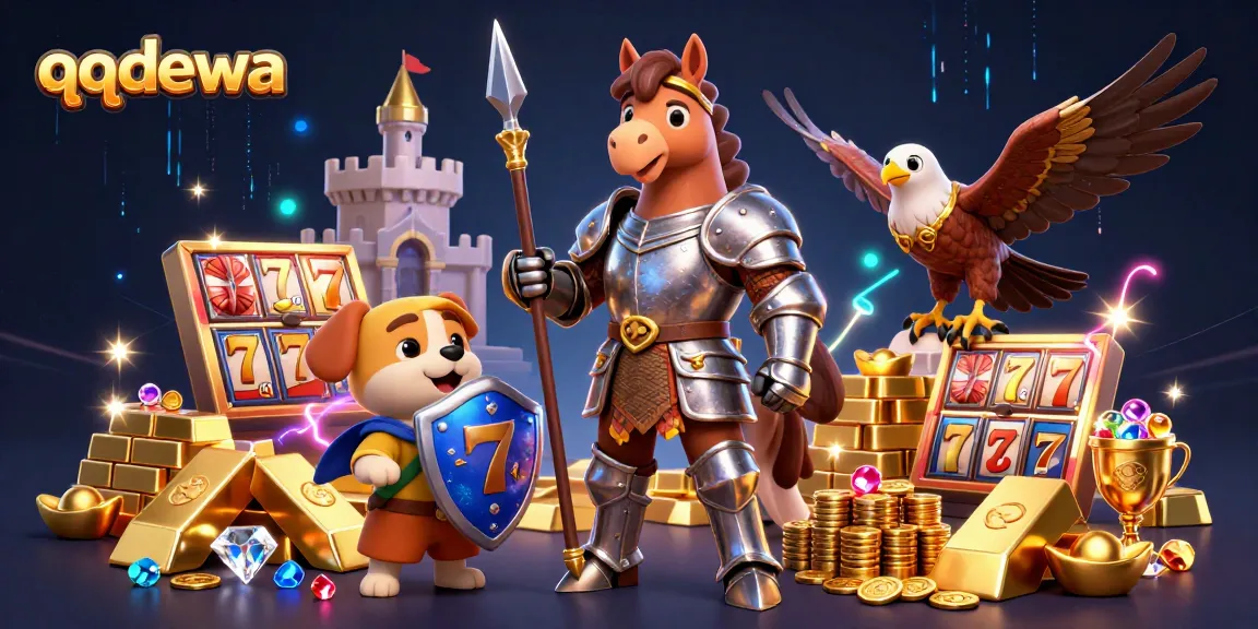 Bet with qqdewa in a vibrant 3D scene filled with treasures, gaming symbols, and action.