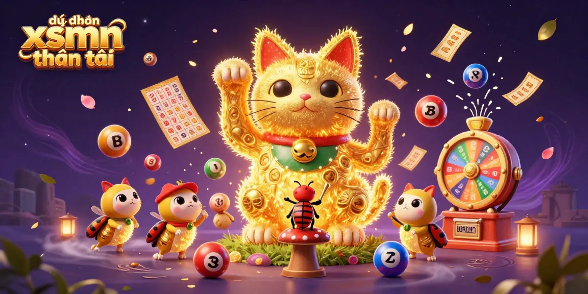 Dự đoán xsmn thần tài showcases vibrant lottery symbols in a colorful and dynamic 3D scene.